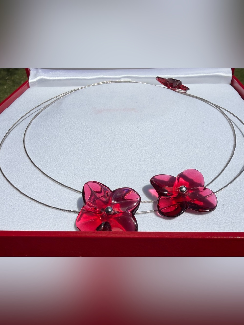 Baccarat Pink-Red Crystal Flower Pendant Necklace